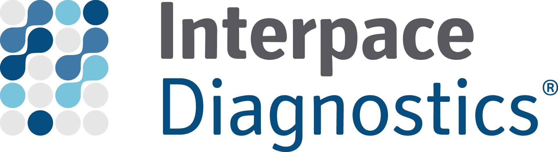The logo for interpace diagnostics is blue and white with circles.