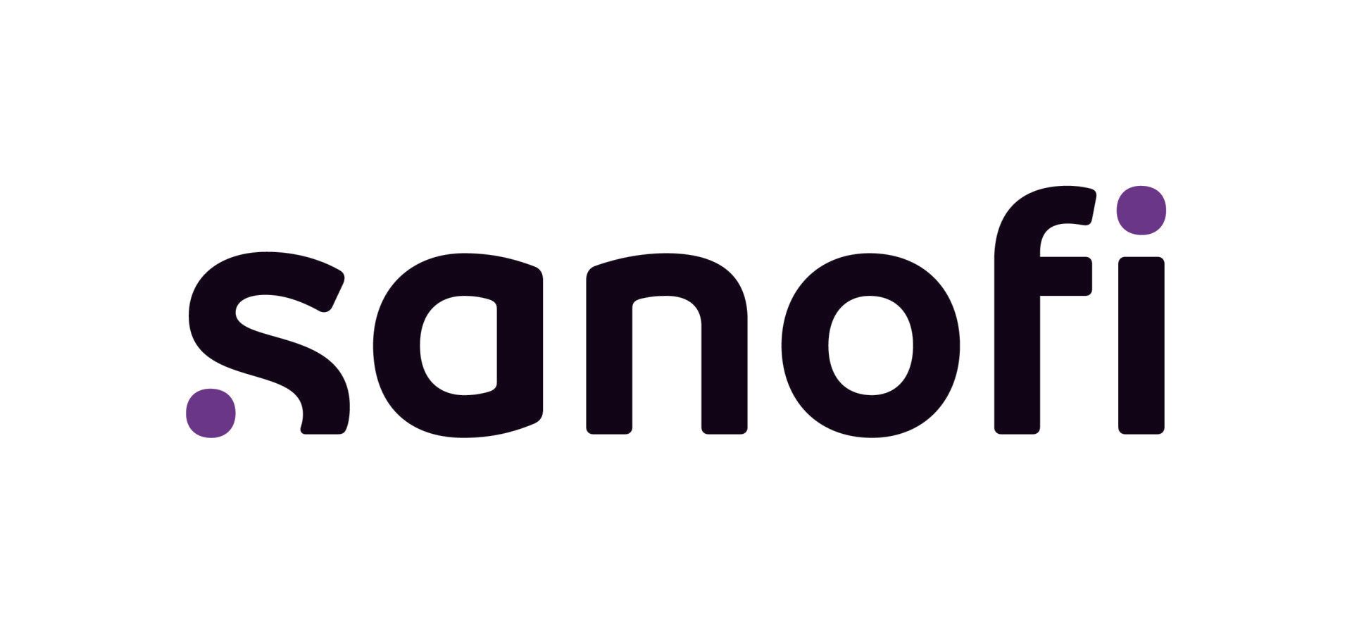 The sanofi logo is black and purple on a white background.