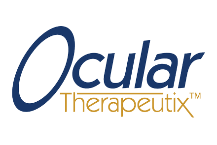 The logo for ocular therapeutics is a blue and gold logo on a white background.