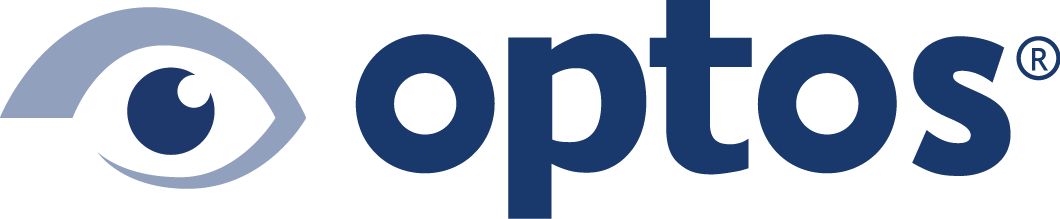 A blue and white logo for optos with an eye in the middle.