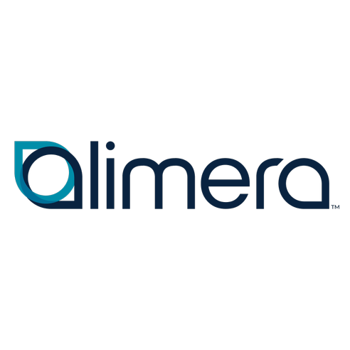 A blue and white logo for alimera on a white background.