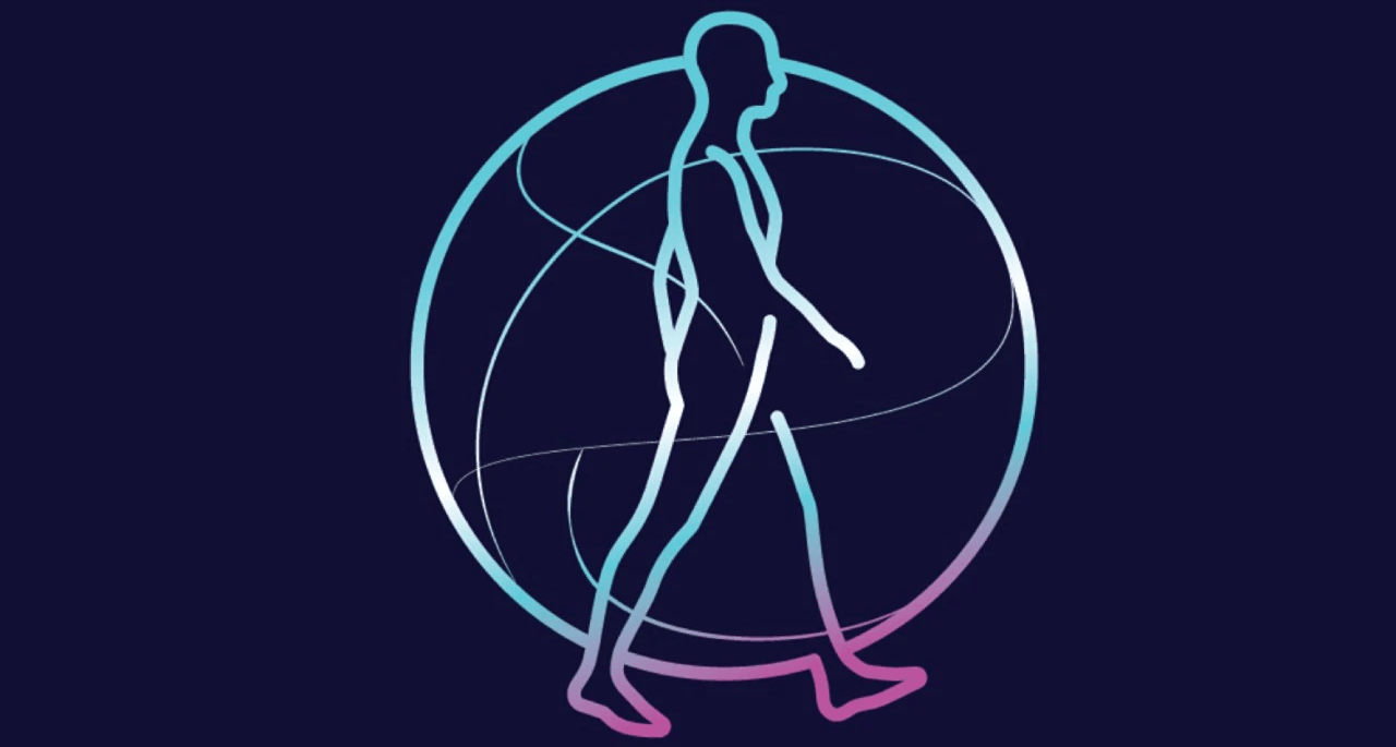 A silhouette of a person walking in a circle on a dark background.