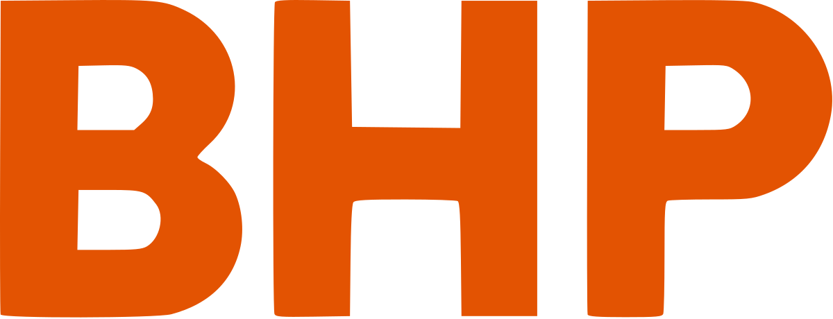 The bhp logo is orange and white on a white background.