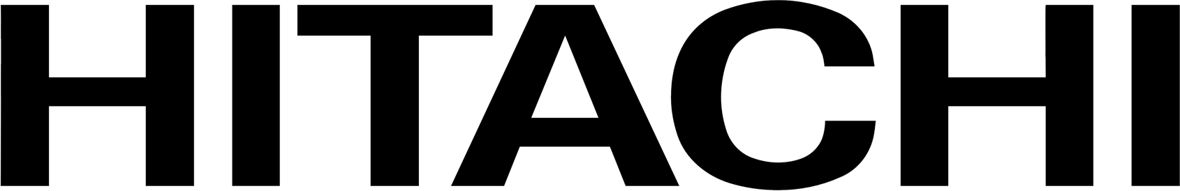 A black and white logo for hitachi on a white background.