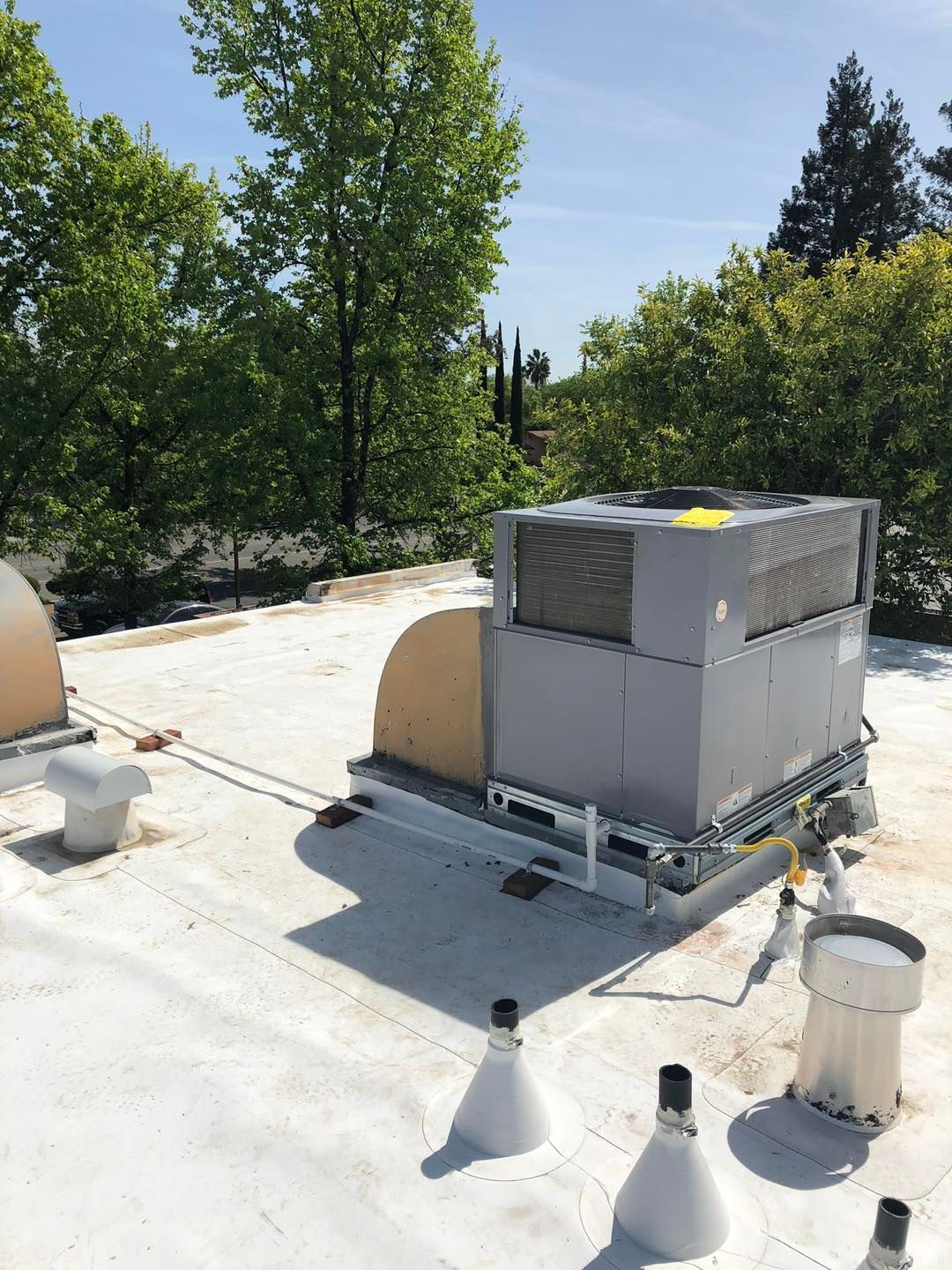 Rooftop HVAC unit beside vents and trees under a clear blue sky