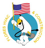 A logo for flores hvac and construction shows a polar bear holding an american flag