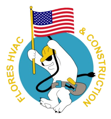 A logo for flores hvac and construction shows a polar bear holding an american flag