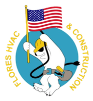 A logo for flores hvac and construction shows a polar bear holding an american flag
