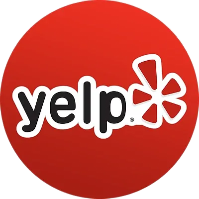 Yelp logo in white text on a red background with a white starburst icon.