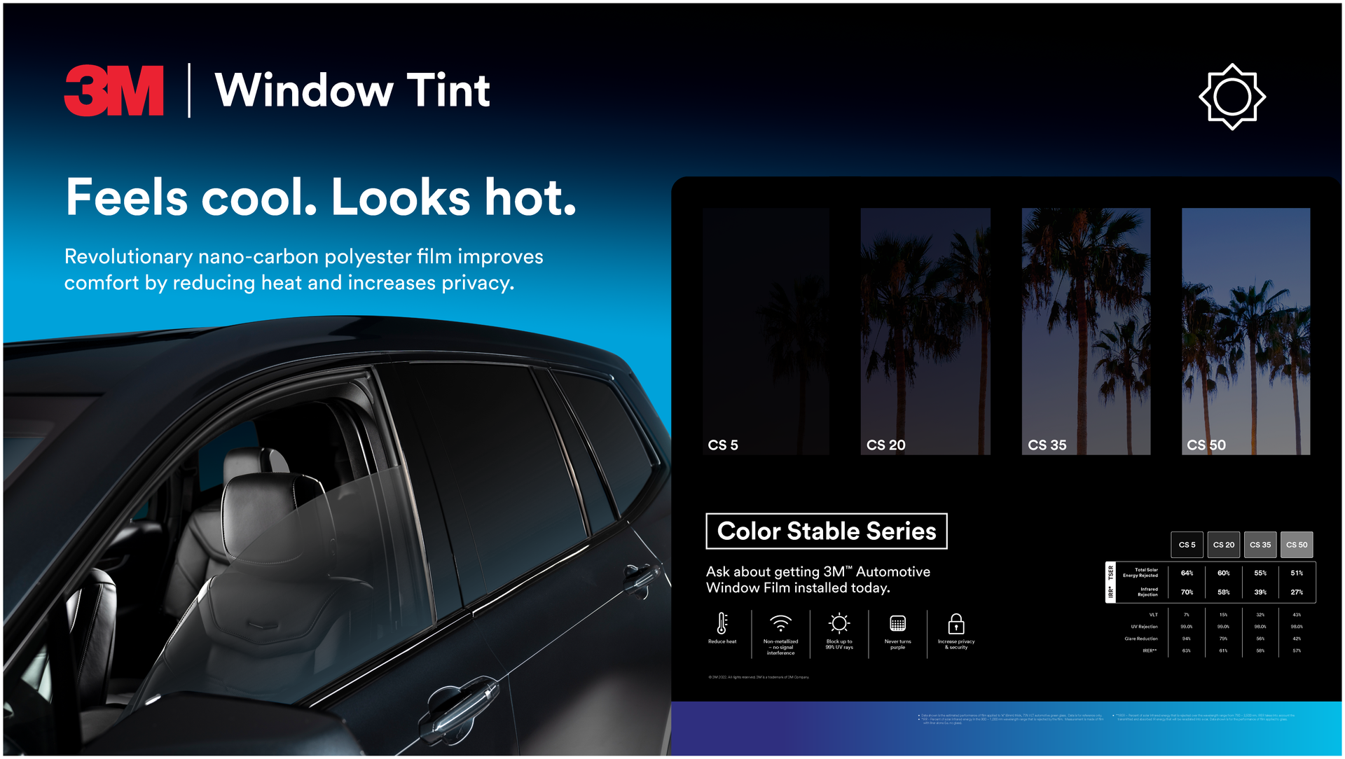 An ad for 3m window tint shows a car and palm trees