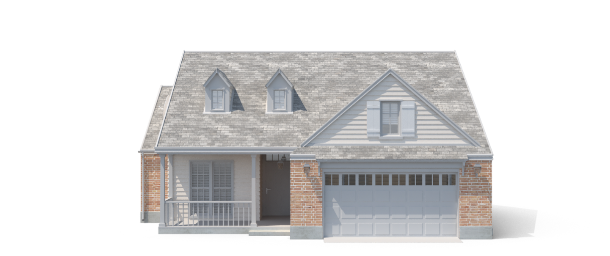 A model of a house with a garage and porch on a white background.