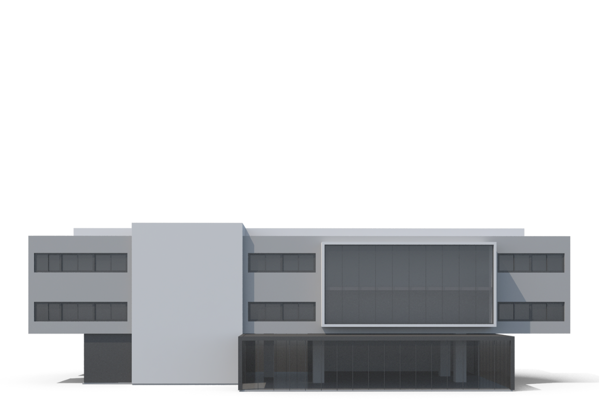 A 3d model of a large building with a large billboard on the side.