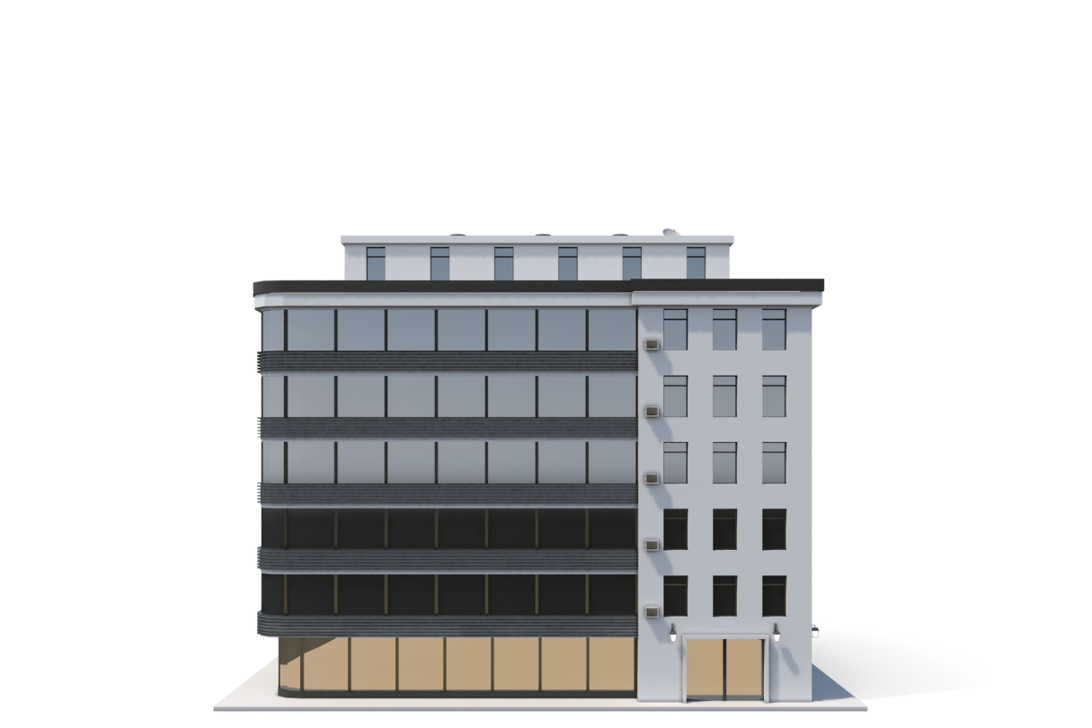 A 3d model of a large building with a lot of windows on a white background.