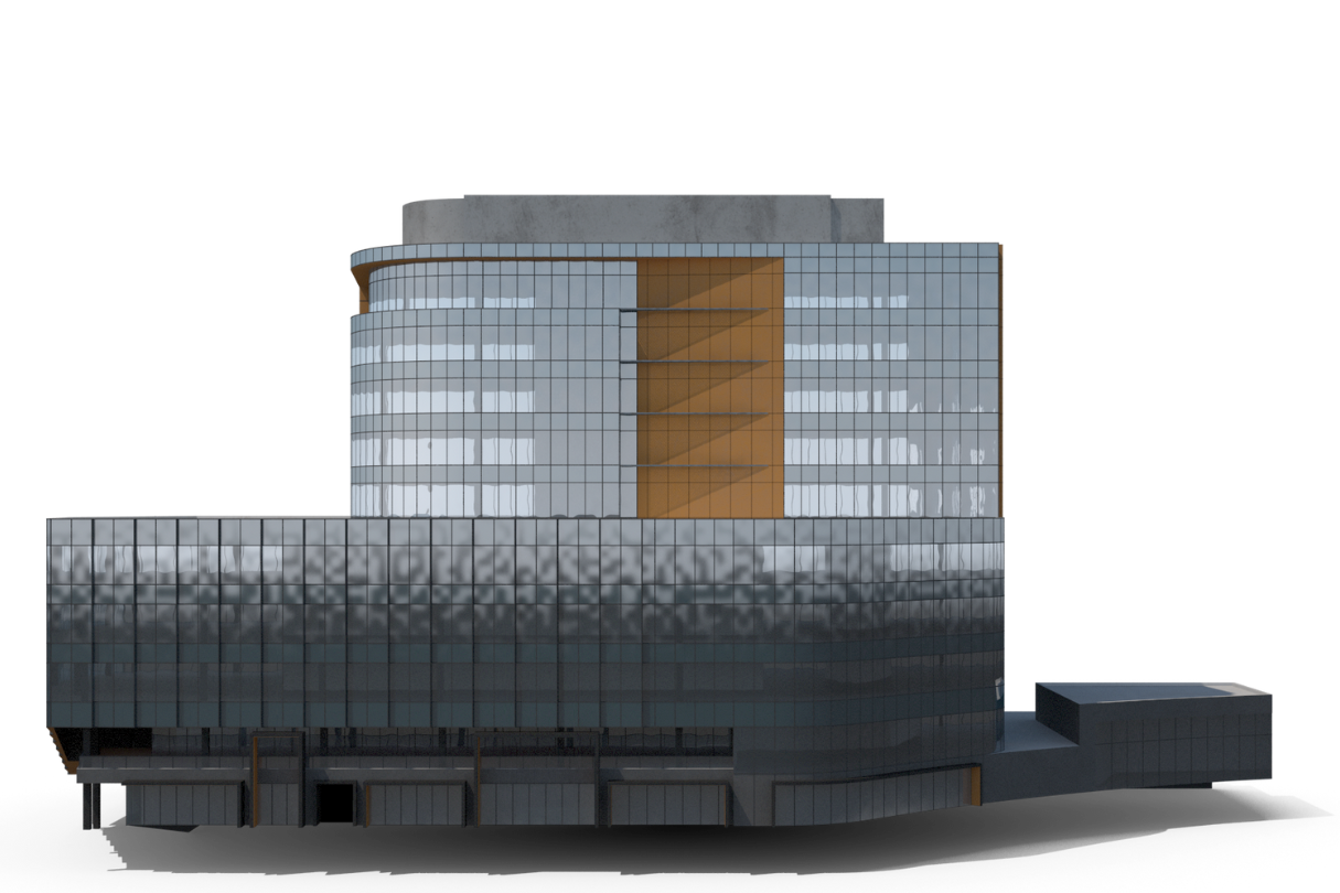 A 3d model of a large building with a lot of windows on a white background.