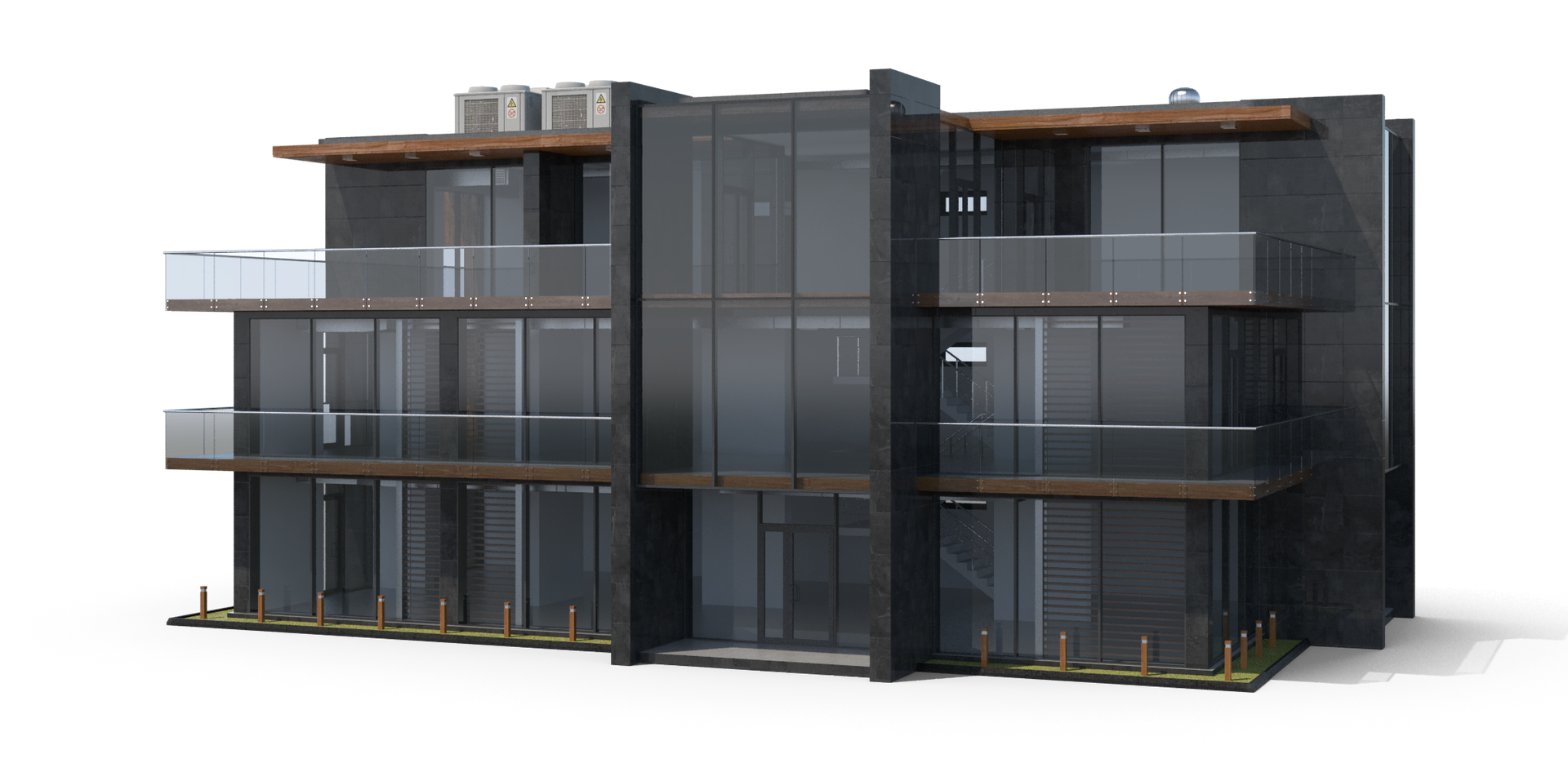 A 3d model of a modern apartment building with lots of windows and balconies.