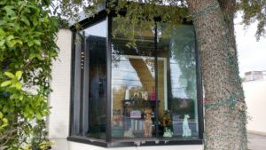 A window with a tree in the background and a reflection of a tree in the window.