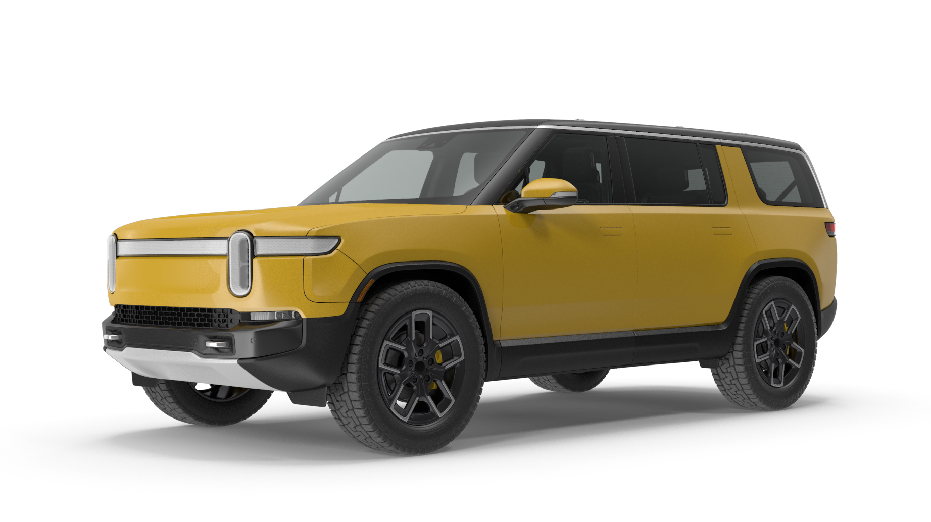 A yellow rivian r1 suv is shown on a white background.