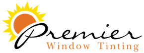 A logo for premier window tinting with a sun in the background