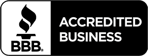 A black and white logo for an accredited business