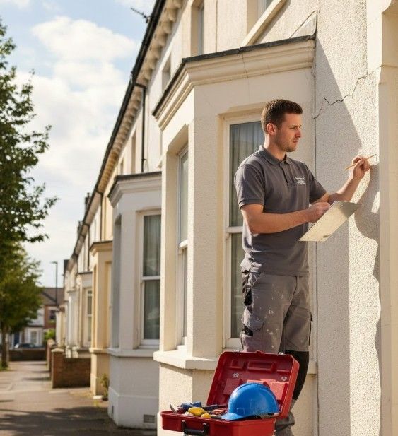 J & Z Property Maintenance checking the state of rendering at a property in Cardiff