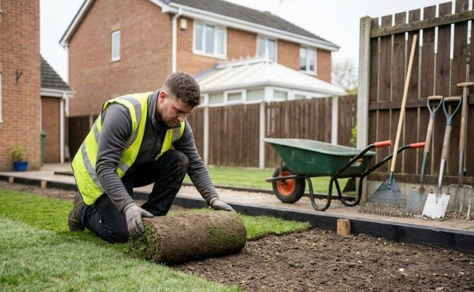 J & Z Property Maintenance laying turf as part of a landscaping project in Cardiff