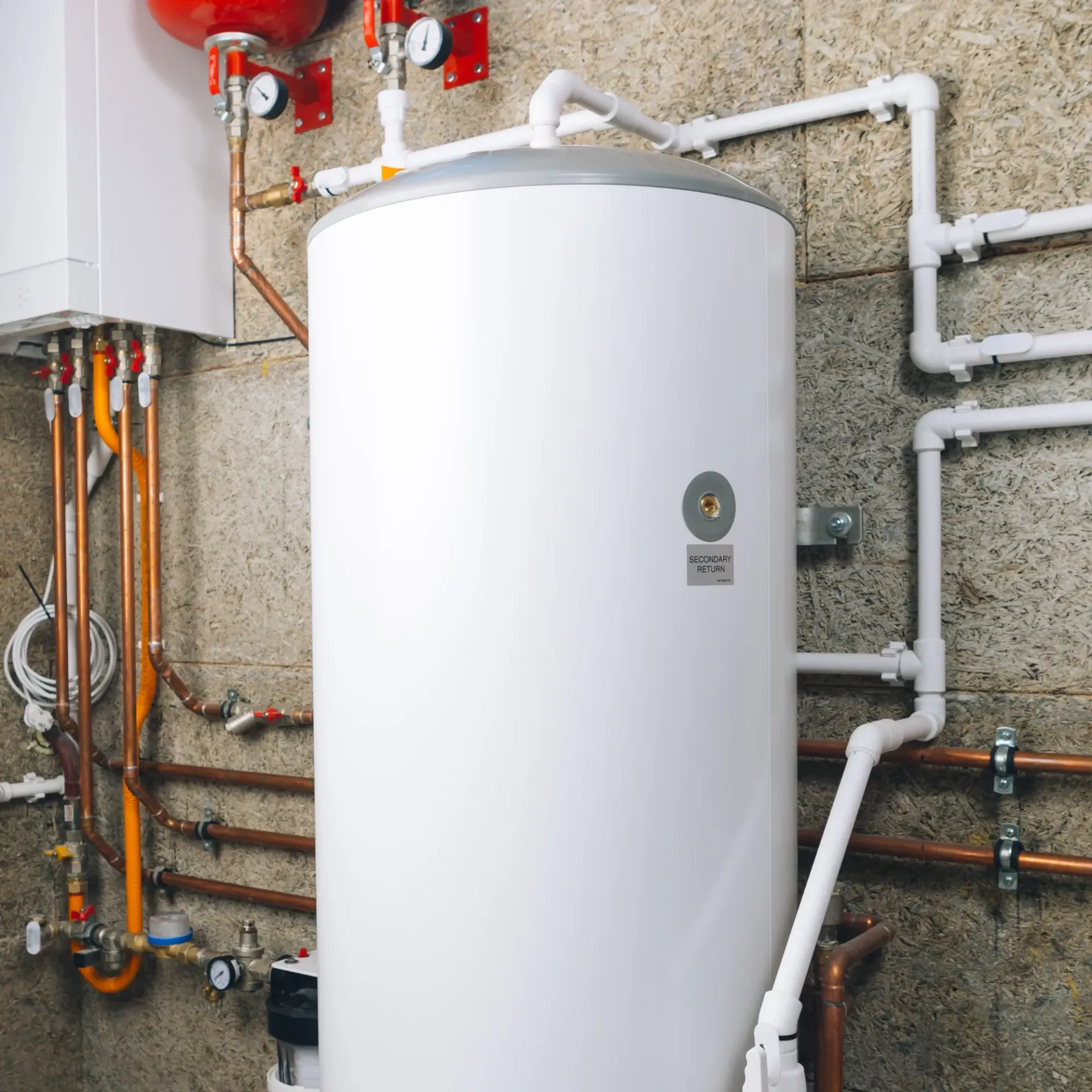 Doctor Cool - A white water heater with copper pipes attached to it