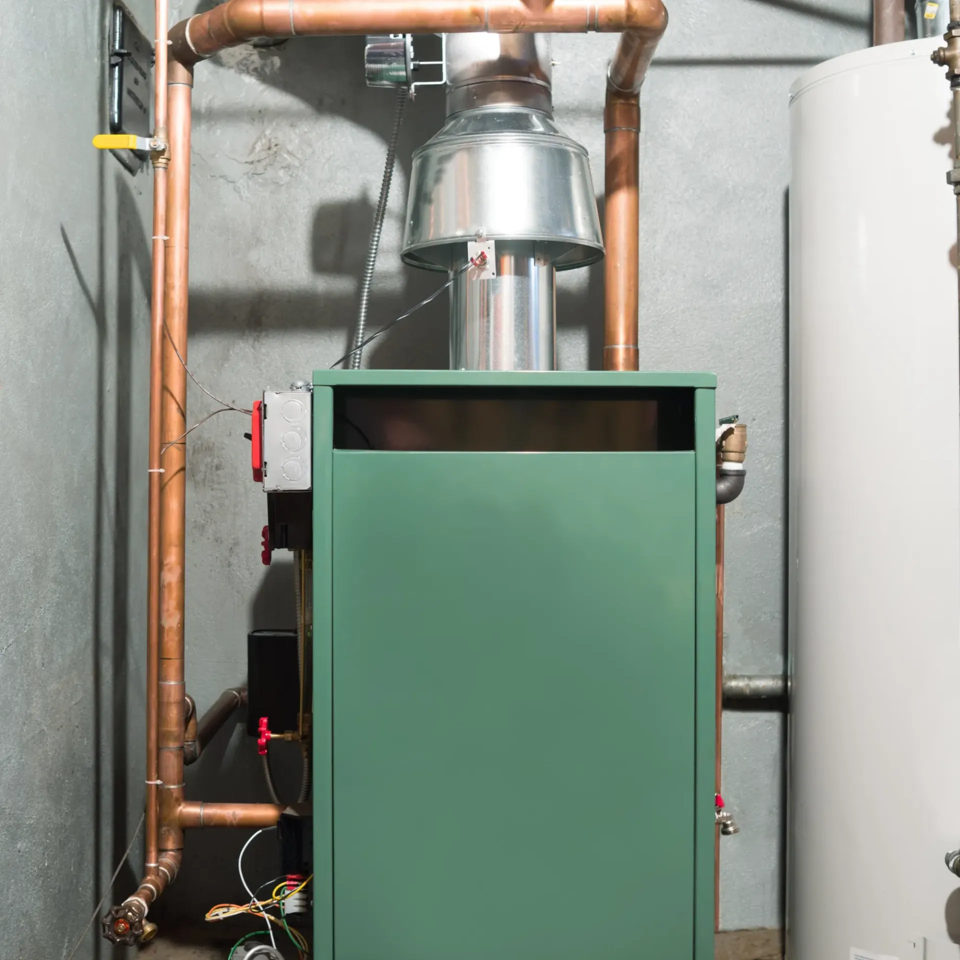 Doctor Cool - A green boiler is next to a white water heater