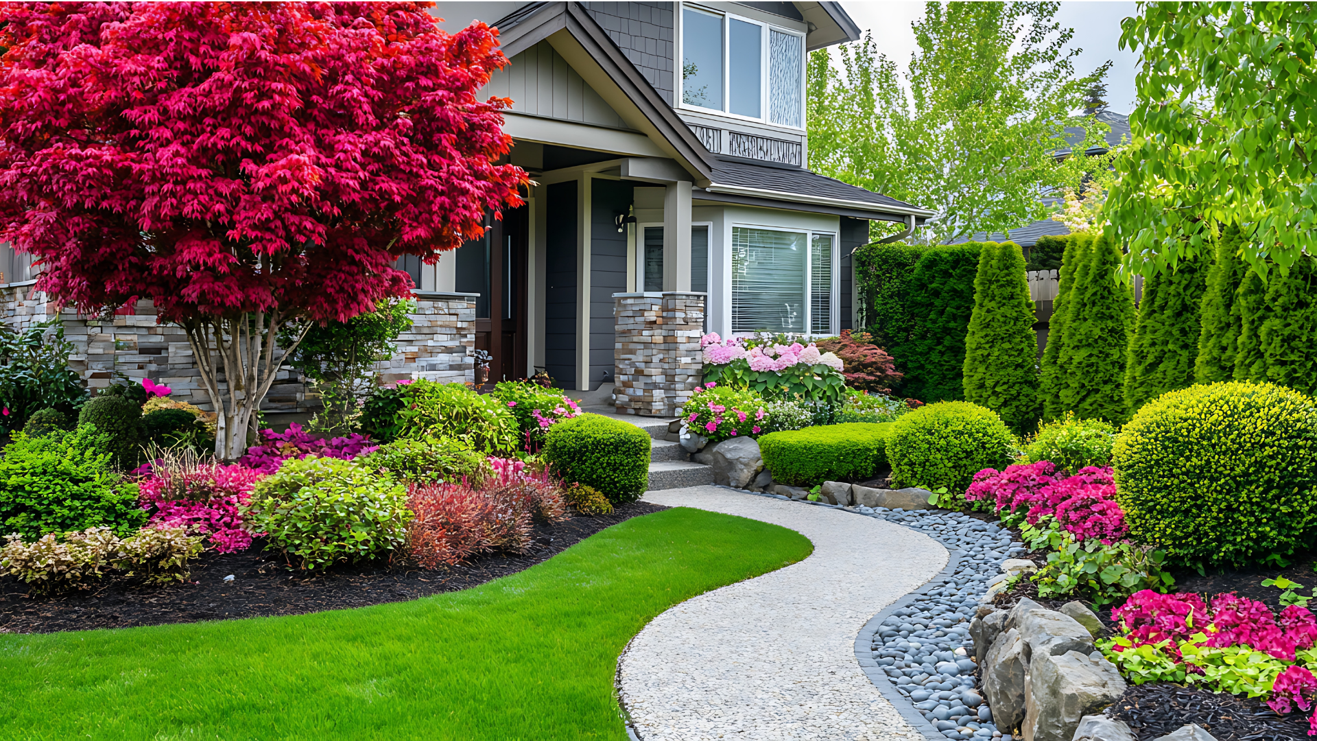 A house with a lush green lawn and a lush green garden in front of it.