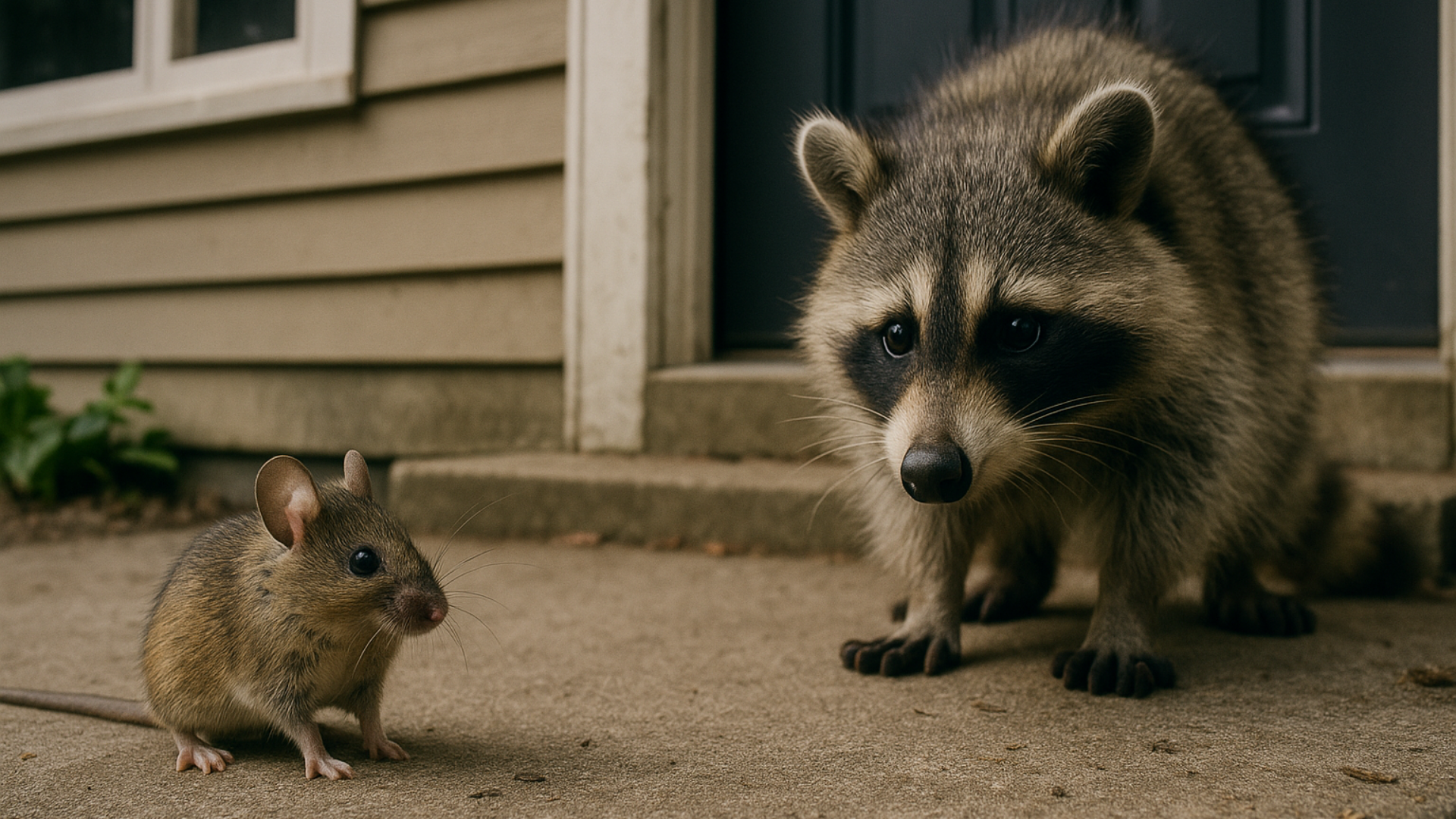 Raccoon and mouse face each other on a porch. The raccoon looks at the mouse, which sits still.