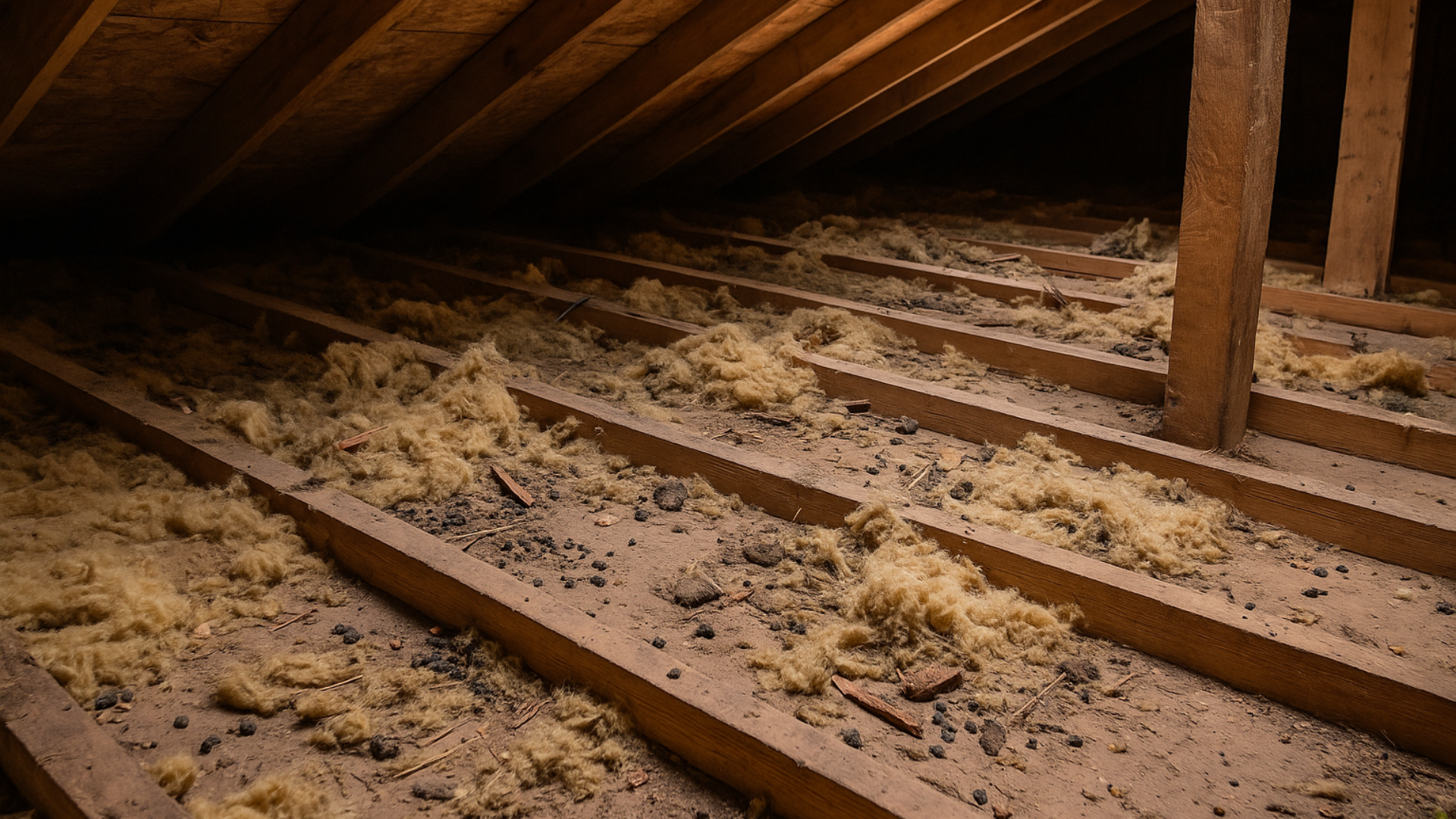 There is a lot of shavings on the floor of the attic.