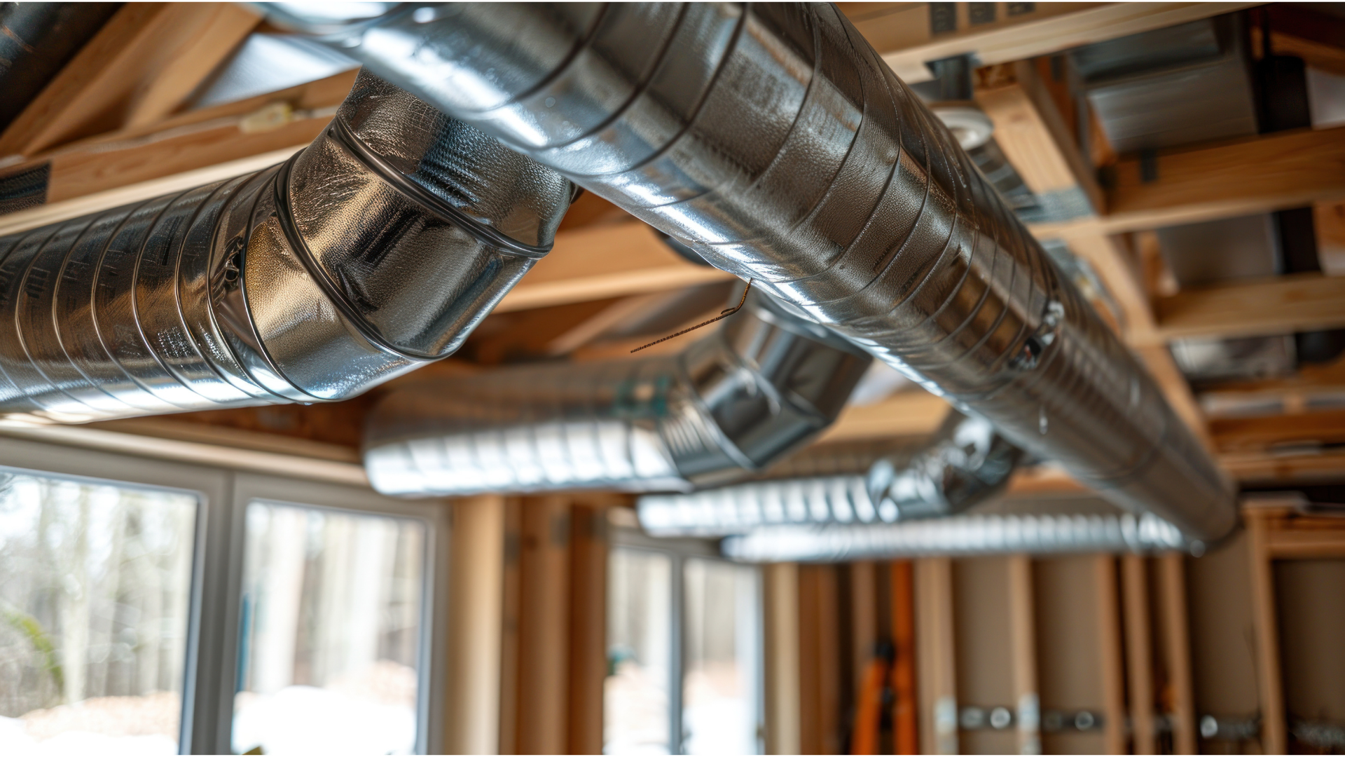 Silver air ducts installed in a wooden ceiling of a house under construction.