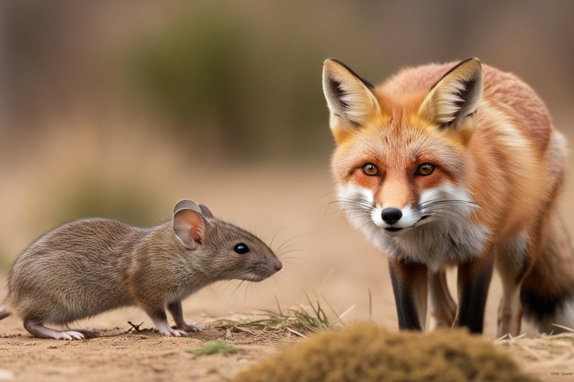 A fox and a mouse are standing next to each other on the ground.