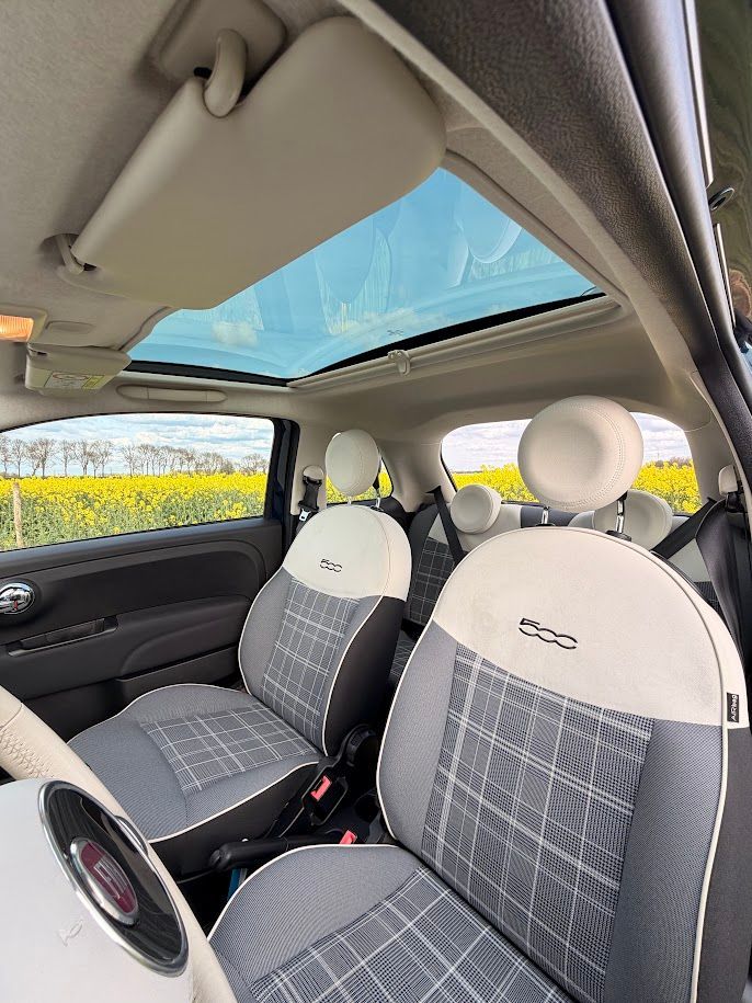 Interieur van een compacte auto met grijze geruite stoelen en een schuifdak, geparkeerd naast gele bloemenvelden.