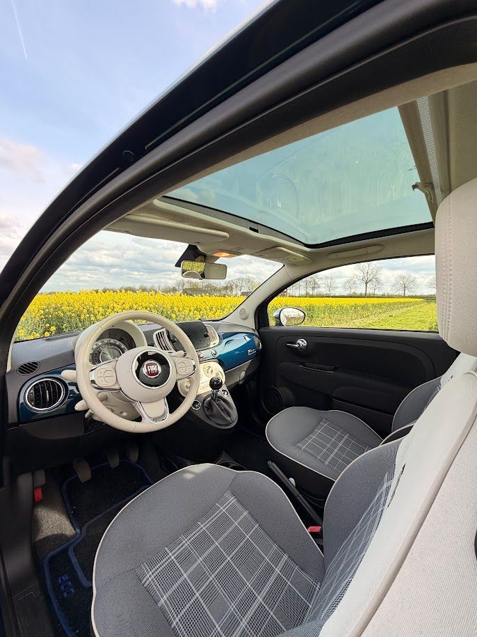 Auto-interieur met wit dashboard en witte stoelen, gezien door het open bestuurdersportier, met een blauwe lucht en een groen veld op de achtergrond.