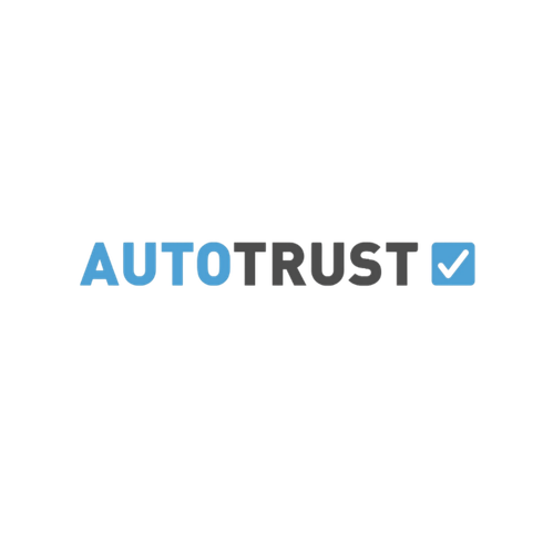 AUTOTRUST-logo in blauw en zwart met een blauw vinkje.