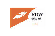 RDW erkend logo met oranje banner, witte veer en websitetekst www.rdw.nl