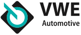 VWE Automotive-logo met zwart en turquoise embleem en dikke zwarte tekst op een witte achtergrond.