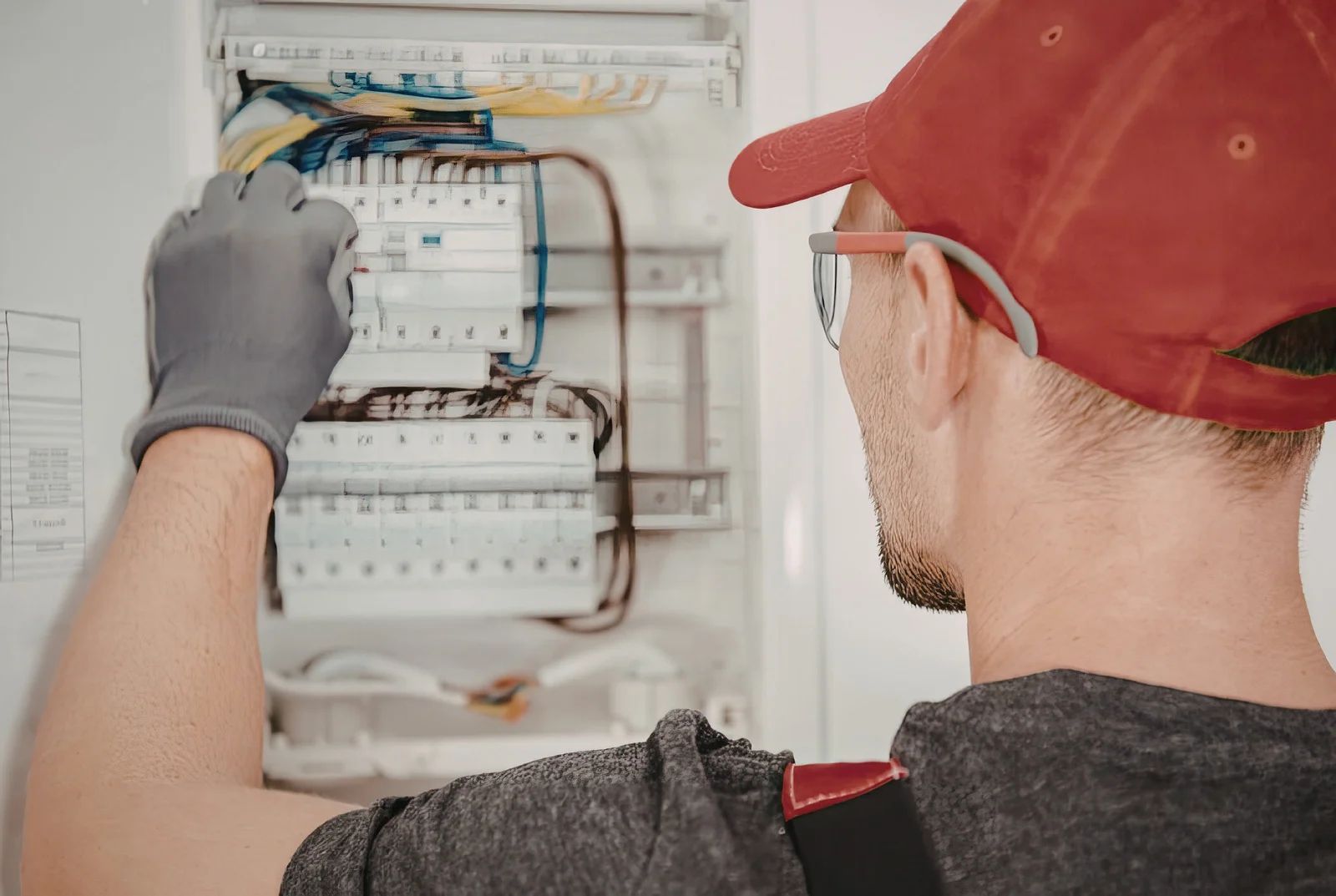 An electrician in a red cap and safety glasses works on a residential electrical circuit breaker panel.