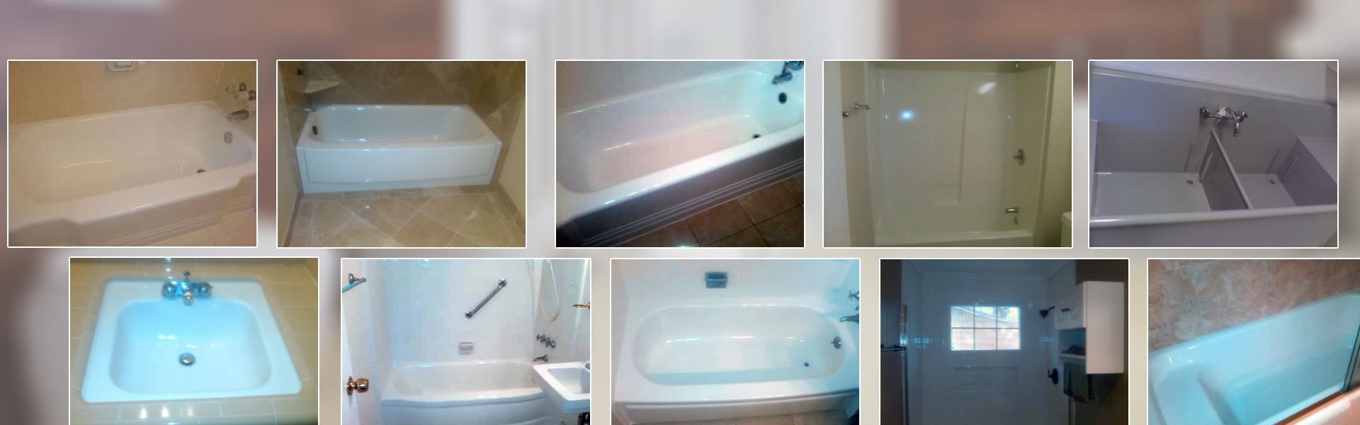 Collage of bathroom photos showing sinks, bathtubs, shower, and tiled walls in a home interior