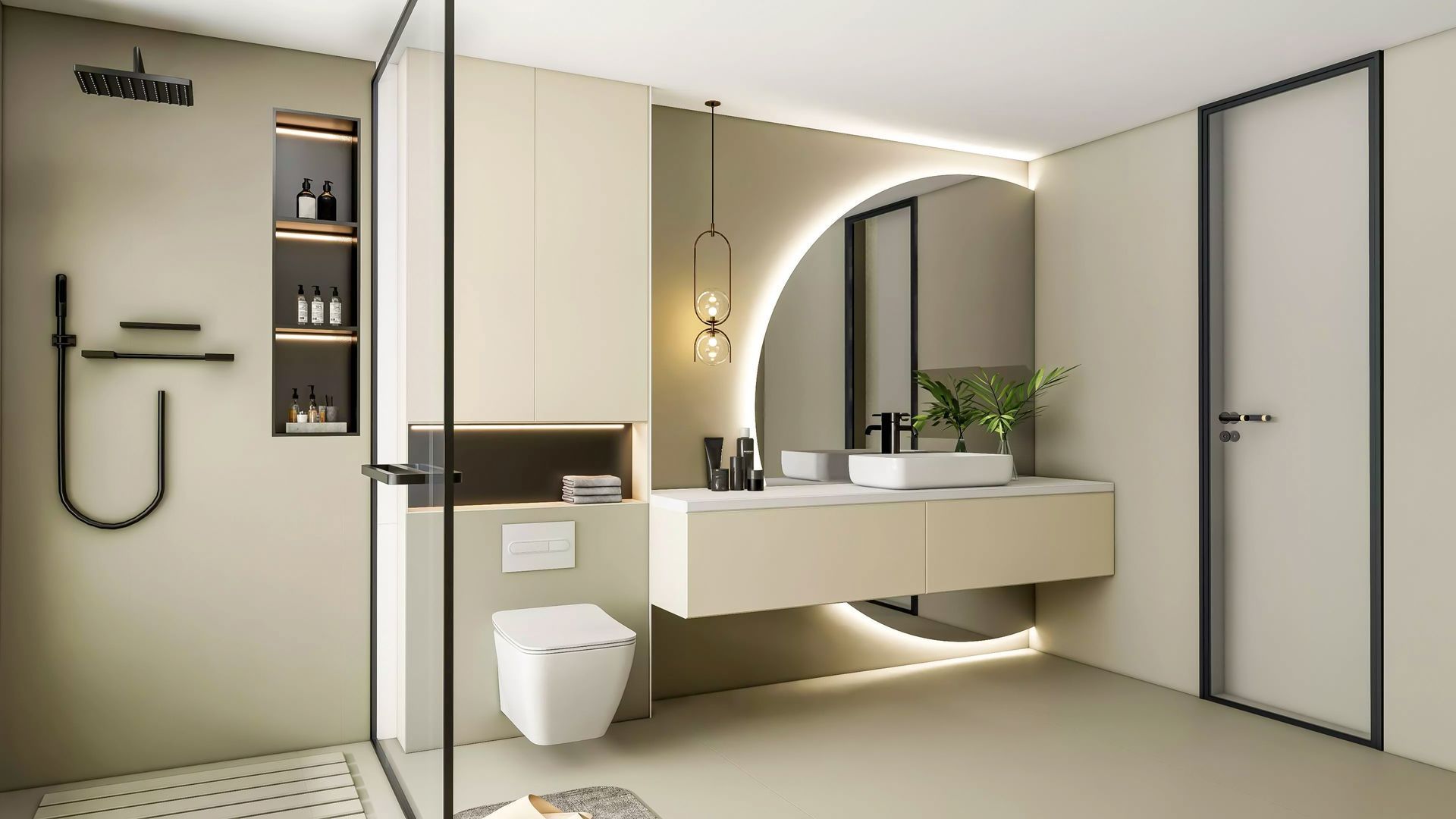 Modern beige bathroom with a floating vanity, round mirror, wall-mounted shower, and glass shower enclosure