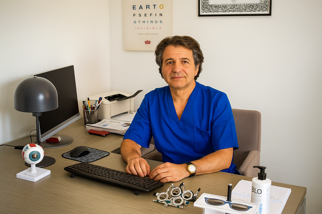 Medico in camice blu alla scrivania con tabella oculistica e occhio modello.