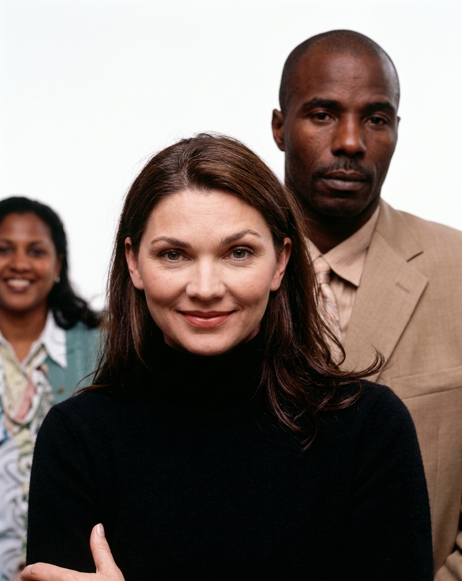 Three people standing in a studio, with a woman in a black turtleneck in the foreground smiling.
