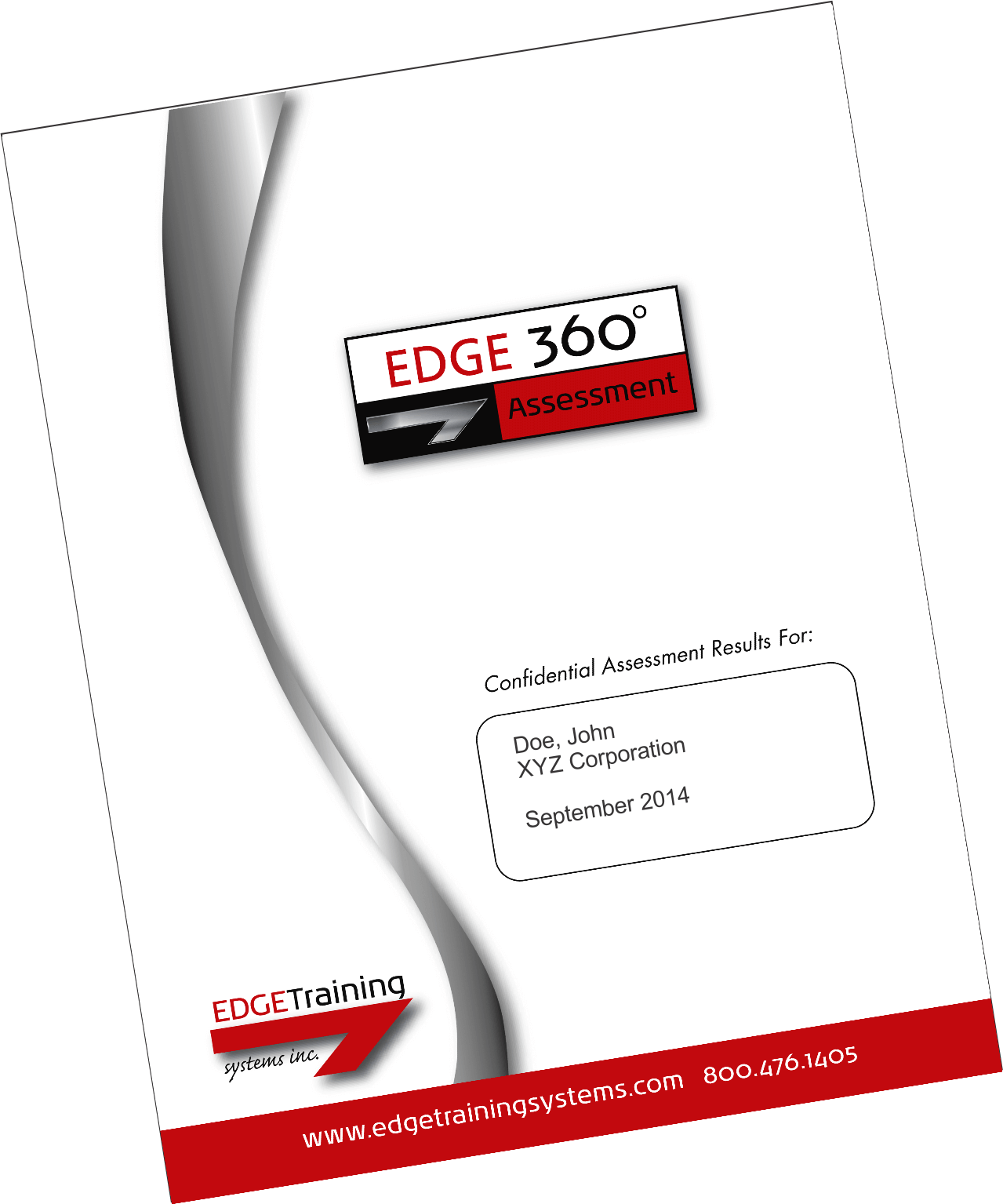 Edge 360° presentation booklet cover with white background, red accents, and curved gray graphic.