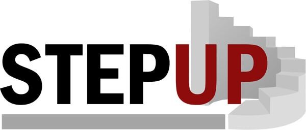 STEP UP logo with black and red text and gray staircase graphic