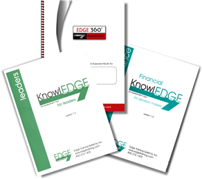 Three Edge 360 financial knowledge booklets, green and white covers, stacked on a white background