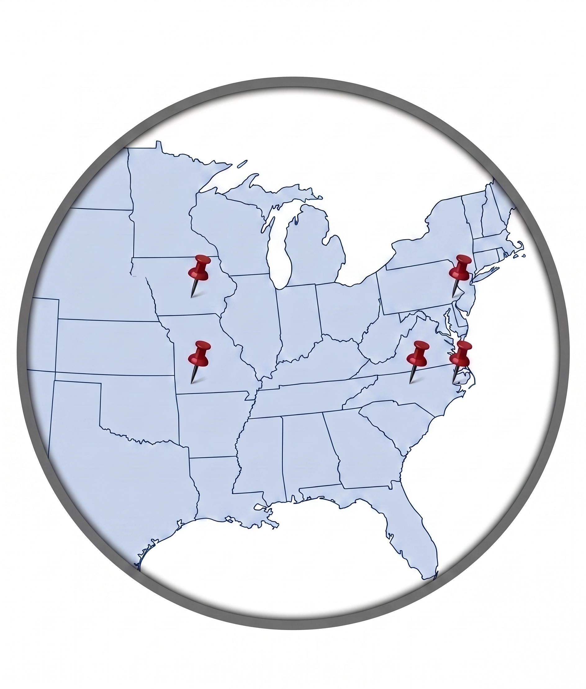 Map of the United States with several red markers on the East Coast and Midwest