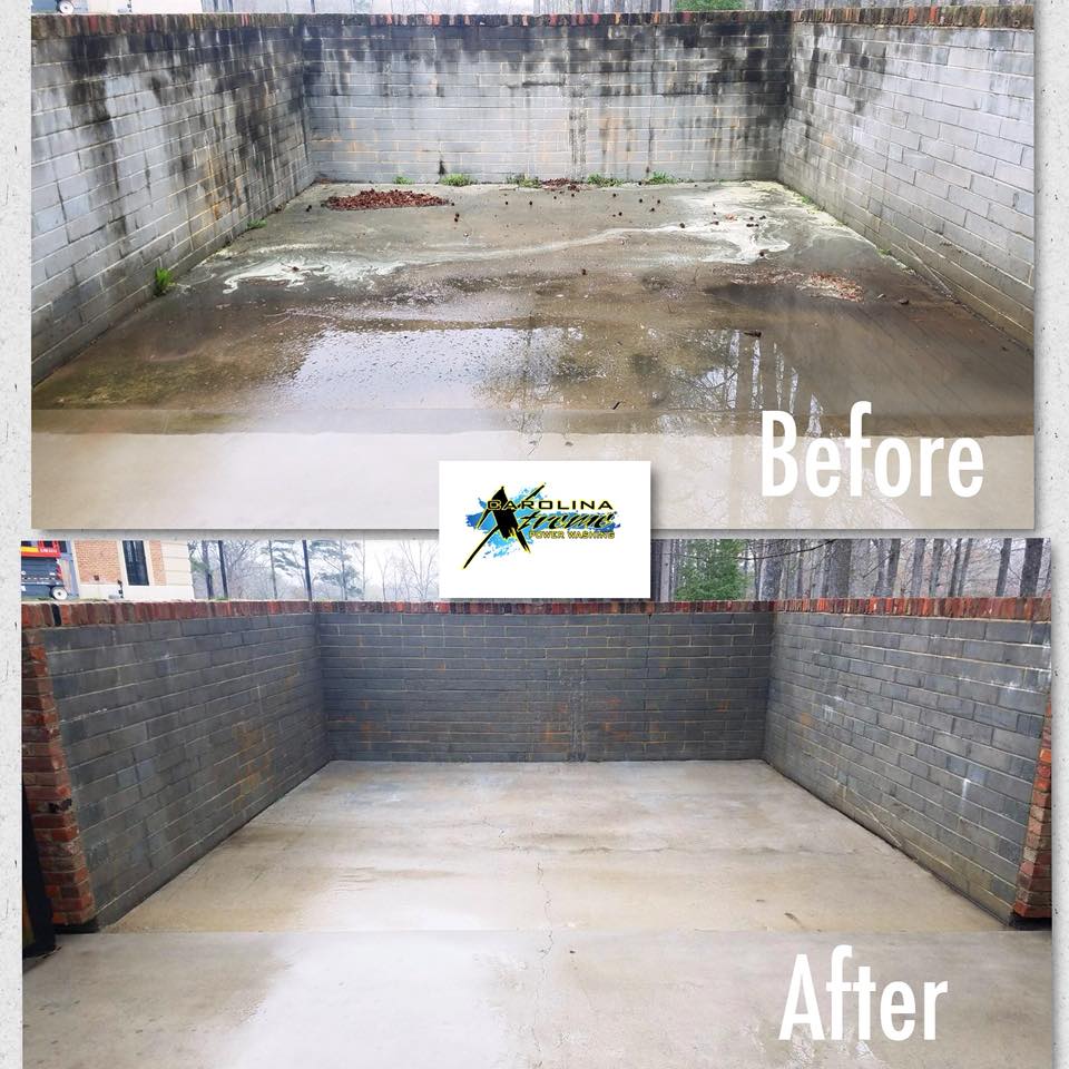 before and after shot of concrete garage floor cleaning