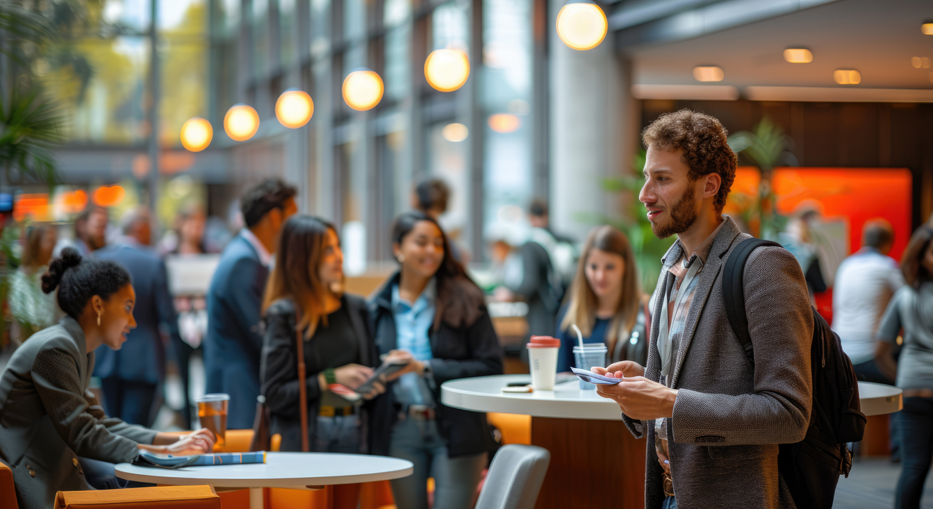 People networking at an event: A man with a beard talks while others stand and sit, a bright interior.