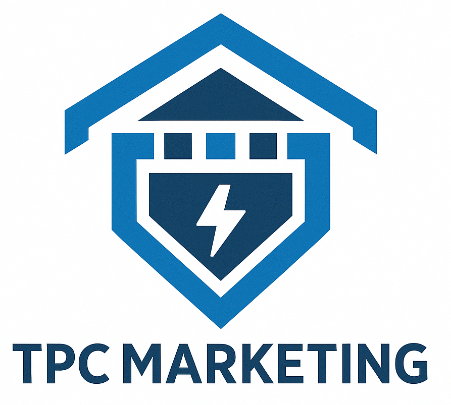 Blue logo: house shape with lightning bolt inside, text 