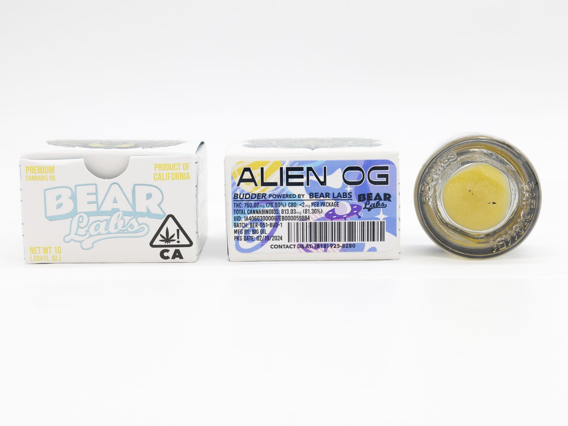 A box of bear labs next to a jar of Alien OG